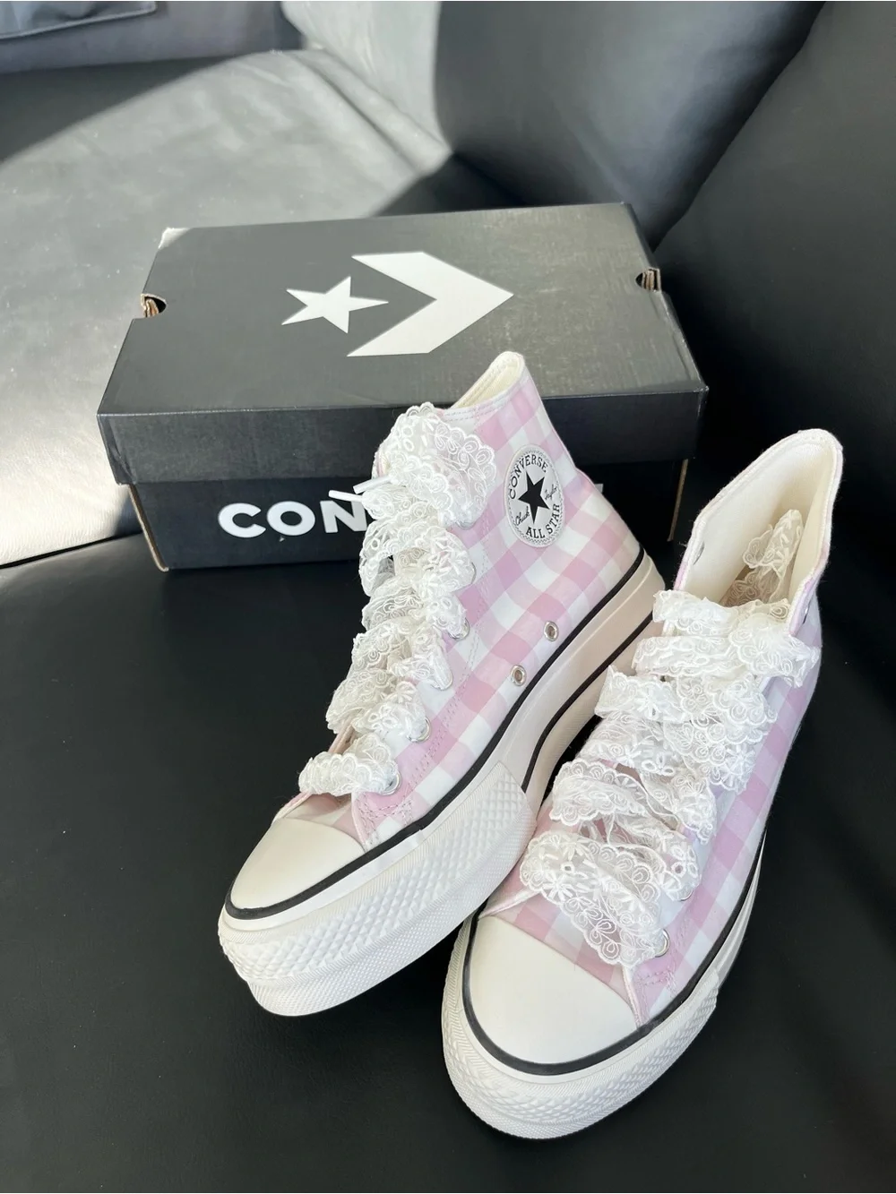 Converse High Top Sneakers Pink and White Gingham Women’s Size US 8 - Picture 9 of 10